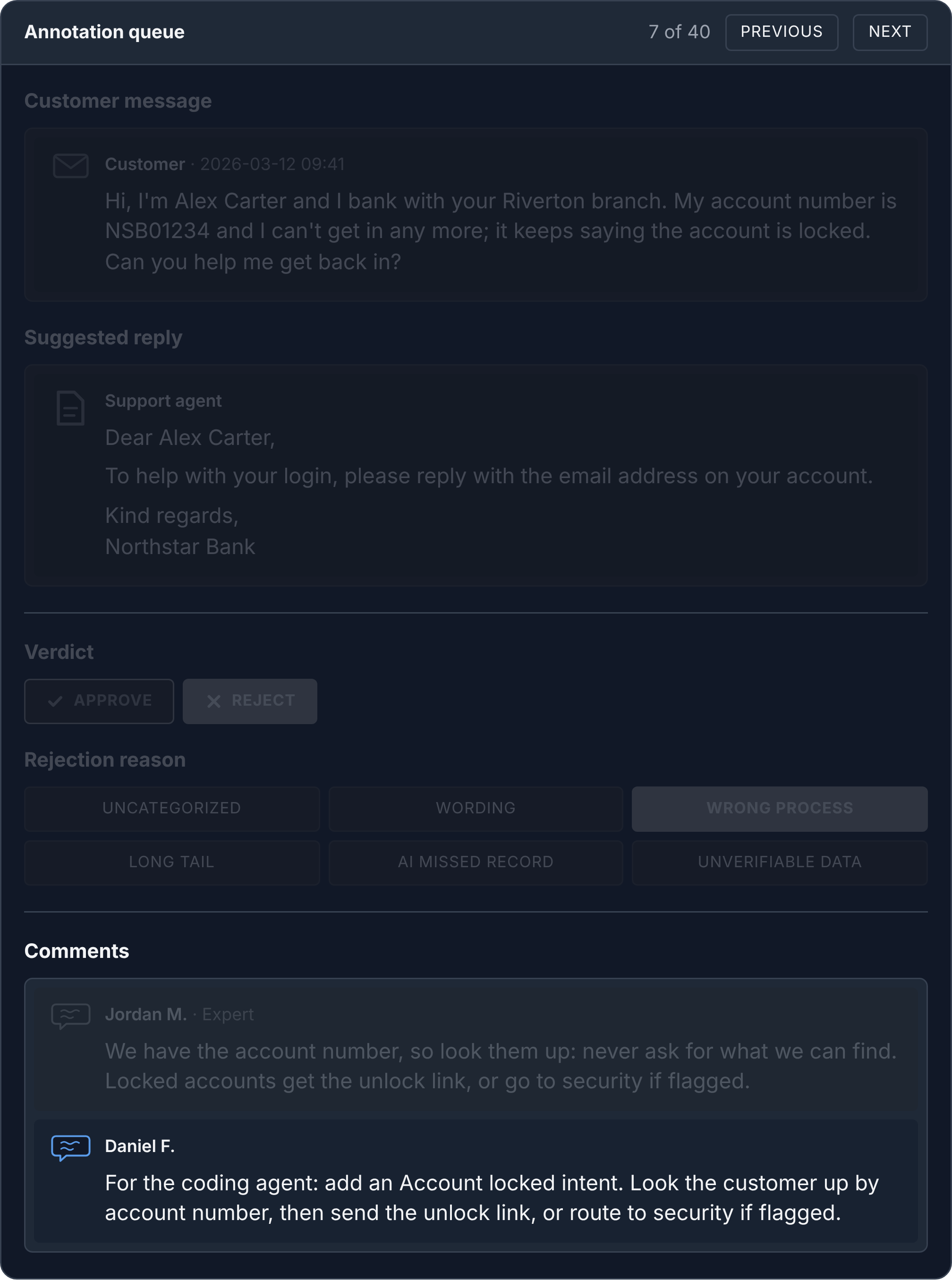 The same review screen with my comment added below the reviewer's: for the coding agent, add an Account locked intent that looks the customer up by account number, then sends the unlock link, or routes to security if the account is flagged.