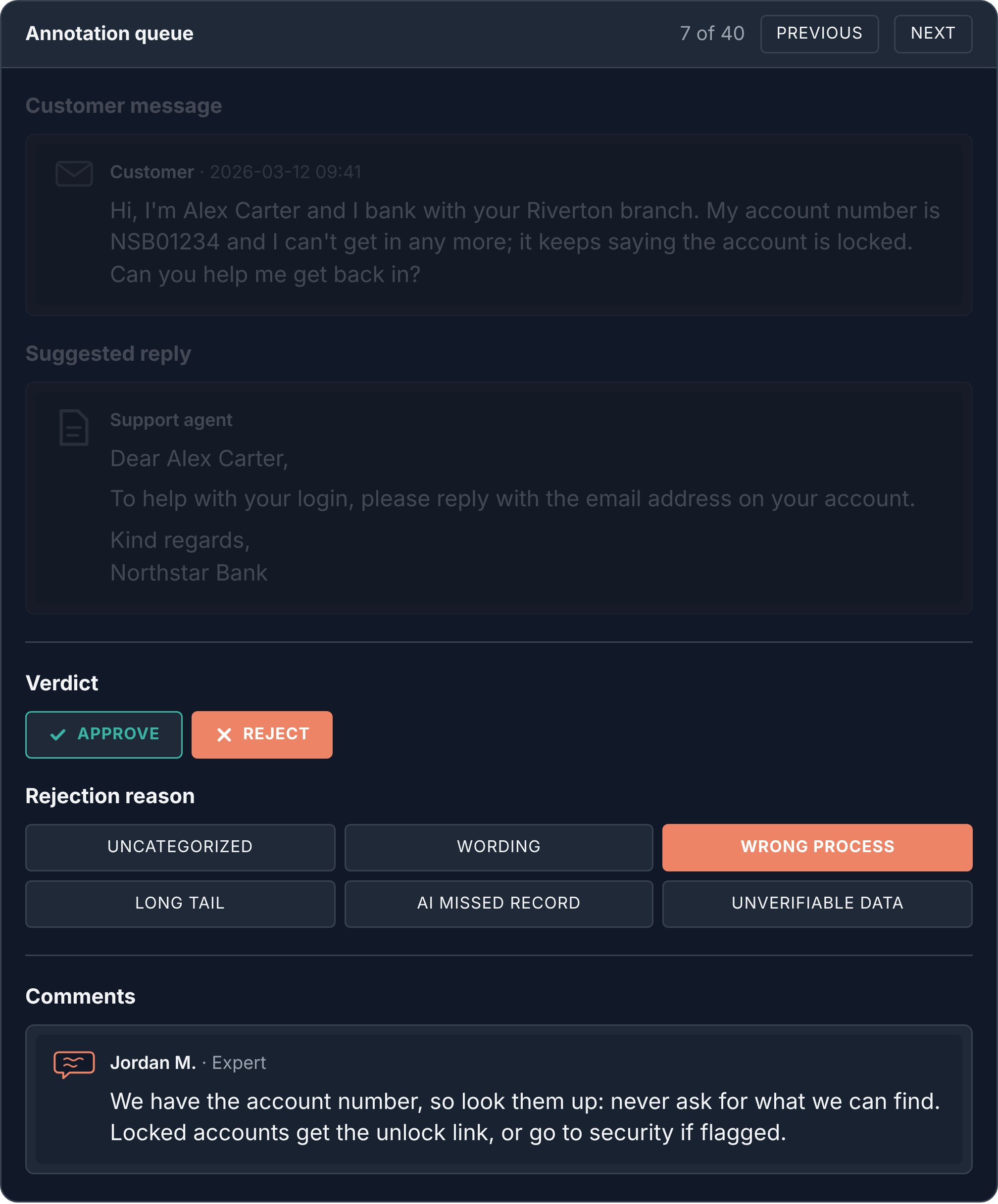 The same review screen, graded: verdict Reject, rejection reason "Wrong process", and the reviewer's comment: we have the account number, so look them up and never ask for what we can find; locked accounts get the unlock link, or go to security if flagged.