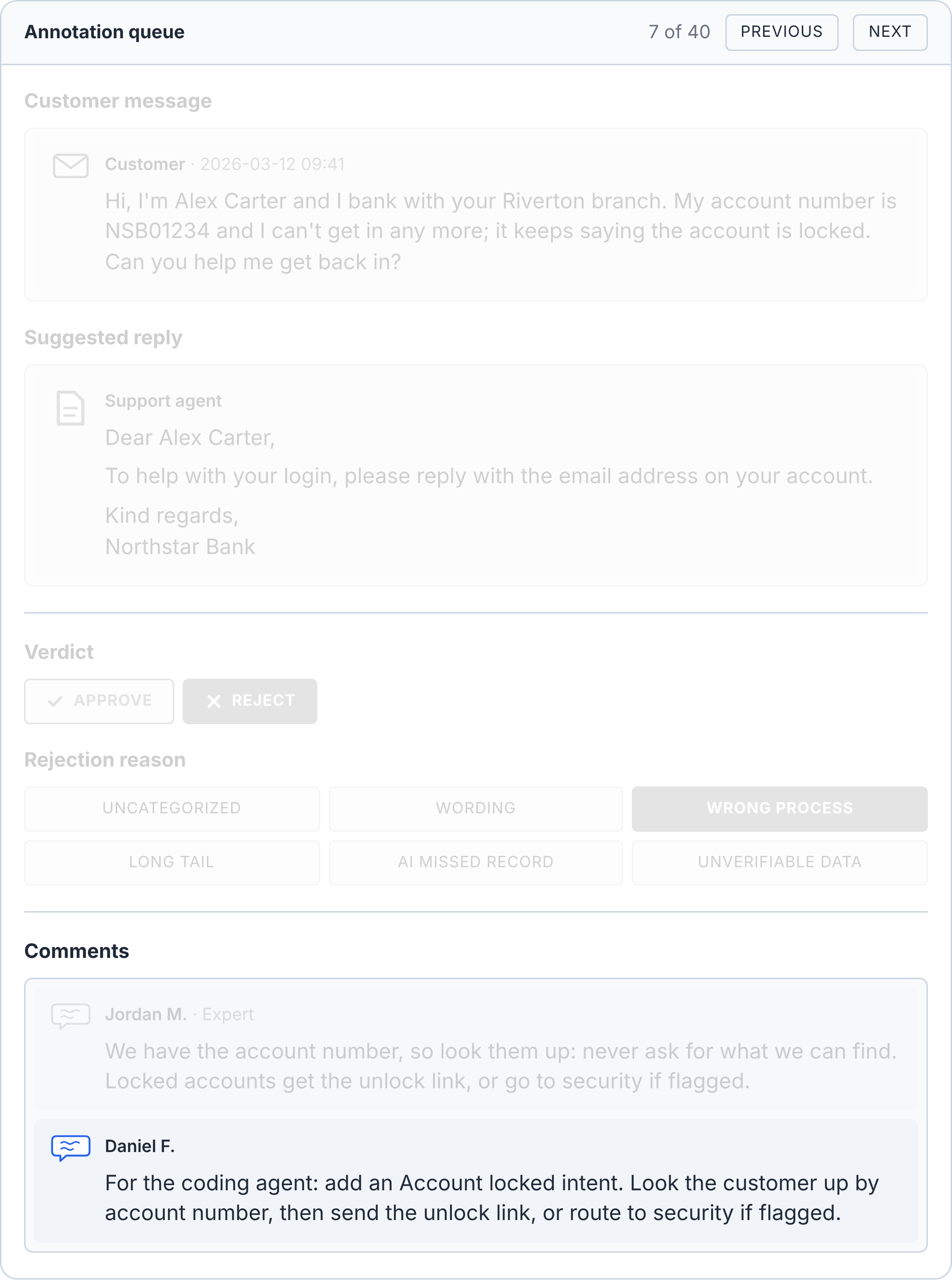 The same review screen with my comment added below the reviewer's: for the coding agent, add an Account locked intent that looks the customer up by account number, then sends the unlock link, or routes to security if the account is flagged.