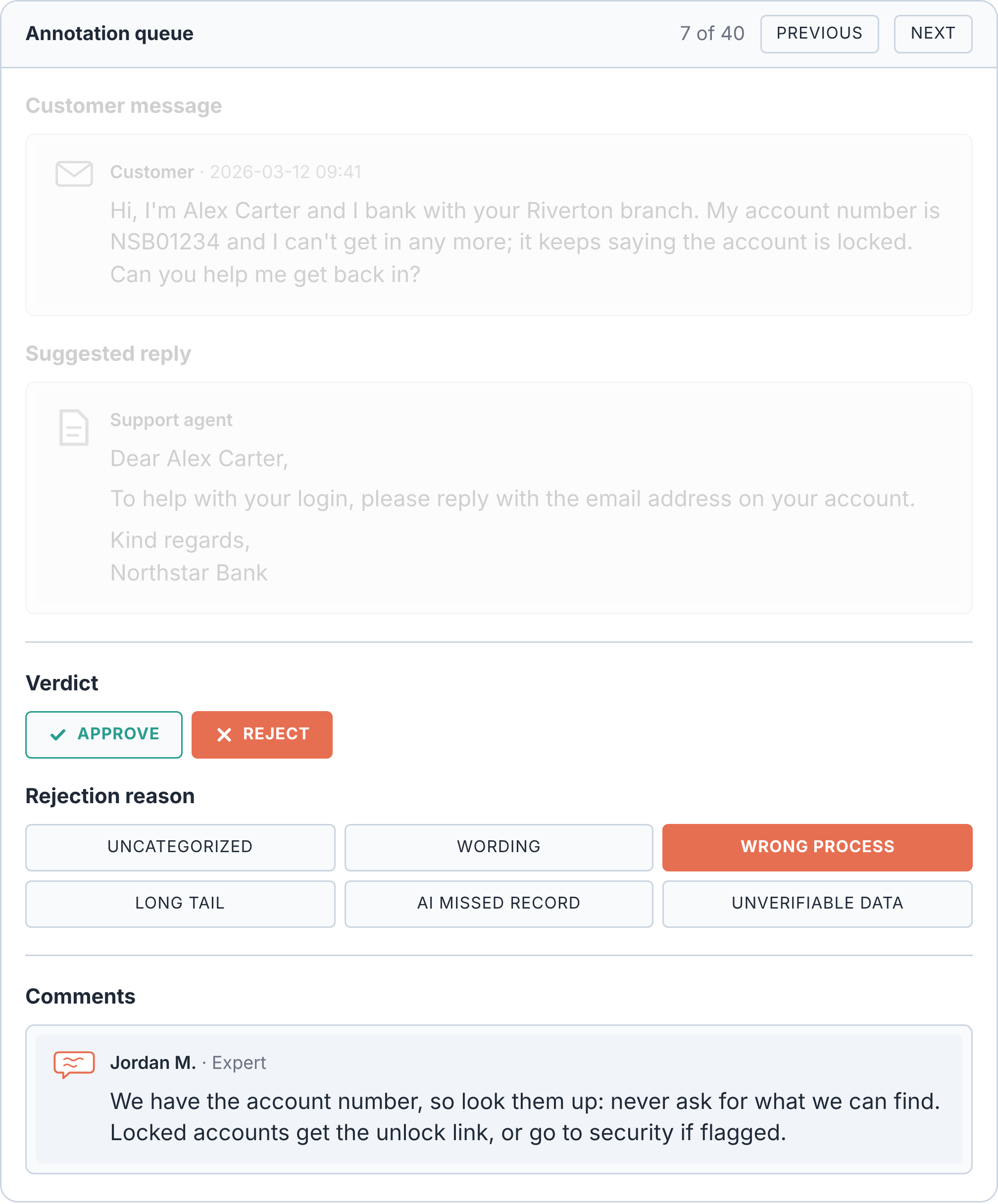 The same review screen, graded: verdict Reject, rejection reason "Wrong process", and the reviewer's comment: we have the account number, so look them up and never ask for what we can find; locked accounts get the unlock link, or go to security if flagged.